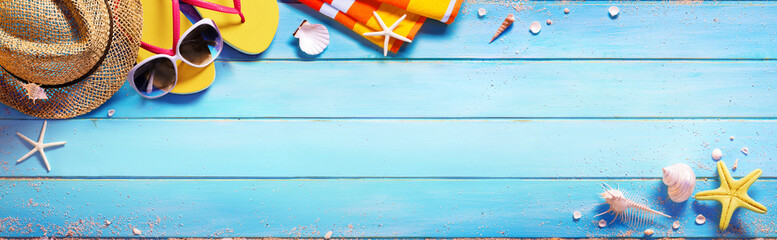 Beach Accessories On Blue Table - Summer Holiday
