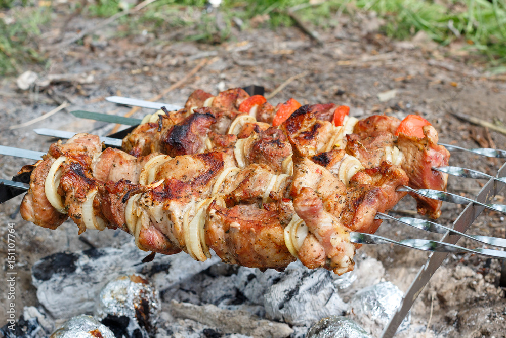 Pork cooked on the grill. Meat cooked on the coals. Pork being prepared fire. Pork kebab. Meat with onions and vegetables on the fire. Fresh meat. Skewers on the fire in the forest.