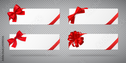 Set of white cards with red bows and ribbons on a gray background. Vector illustration. Ready for use in your design.