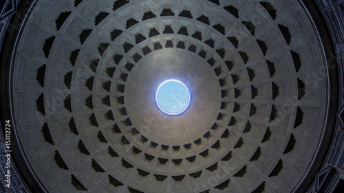 Rome, Italy - March 31 2017: Centered view of the ancient temple Pantheon dome hole oculus