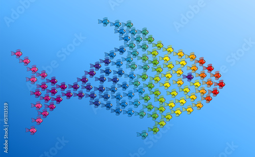 Many little fishes forming a big fish to be strong together - symbol for teamwork, solidarity, cooperation and cohesion - vector illustration on blue gradient background.