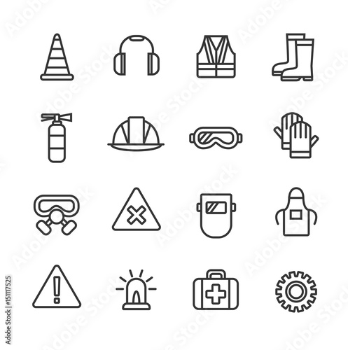 Work safety - wear and equipment. Line icon set.