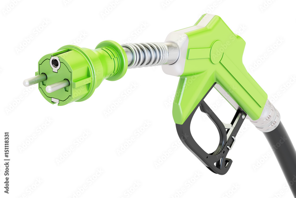 Electric car charging  concept. Gas pump nozzle with electrical plug, 3D rendering
