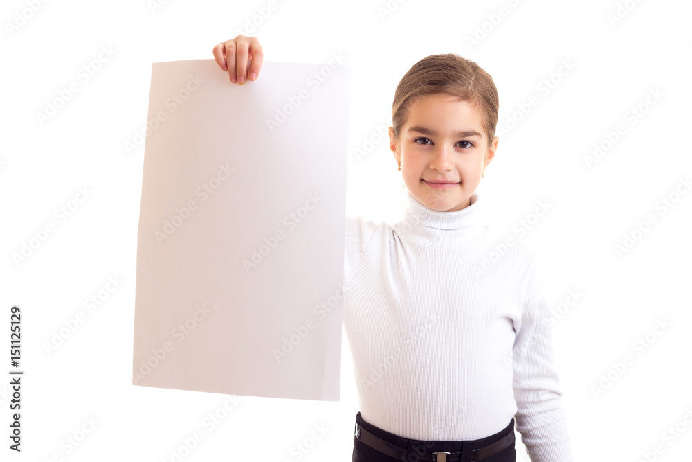 Little girl holding white banner Little girl holding white banner