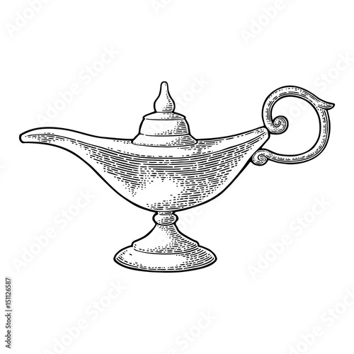Aladdin magic metalic lamp. Vector black vintage engraving