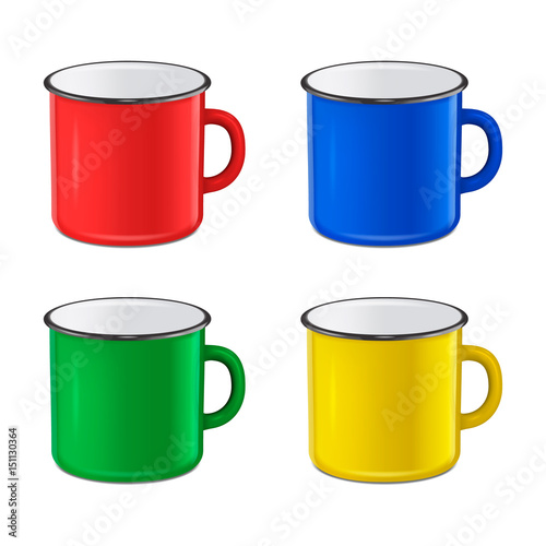 Vector realistic enamel metal red, blue, green and yellow mug set isolated on white background. EPS10 design template for Mock up.