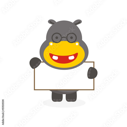 cute flat hippo character with banner and glasses
