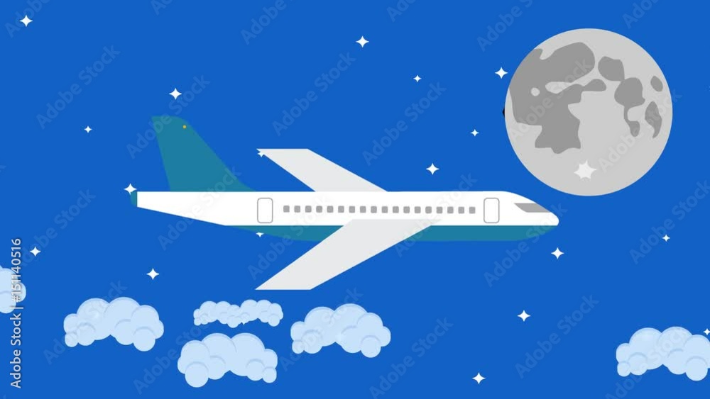 Vector Plane Flying in the Night Sky with a Full Moon