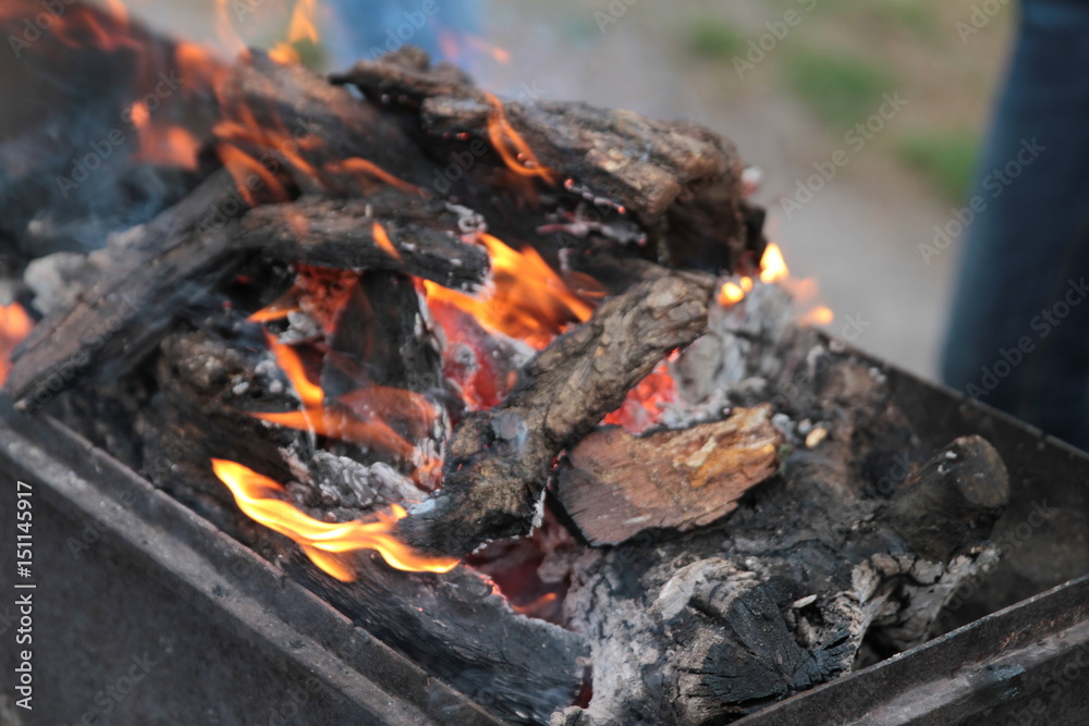 Cook meat on skewers. Man hand turns grilled meat on mangal. Cooking picnic food. Cook meat on skewers. Man hand turns grilled meat on mangal. Cooking picnic food.