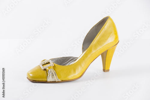 Female Yellow Shoe on White Background, Isolated Product, Top View