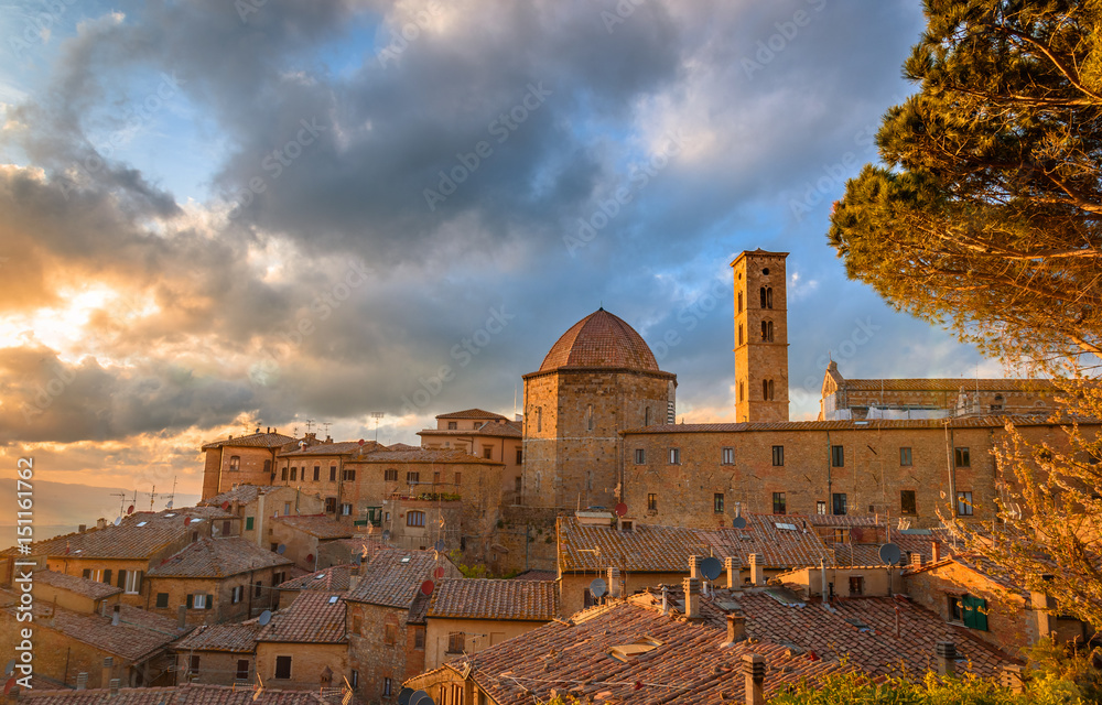 Aerial view of the city of Volterra during sunset