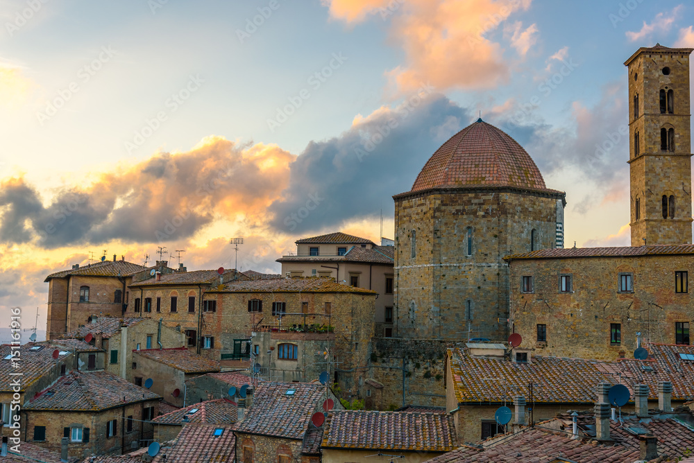 Aerial view of the city of Volterra during sunset