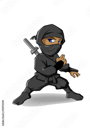 Ninja cartoon character ready to fight without weapon. Vector illustration with simple gradients.