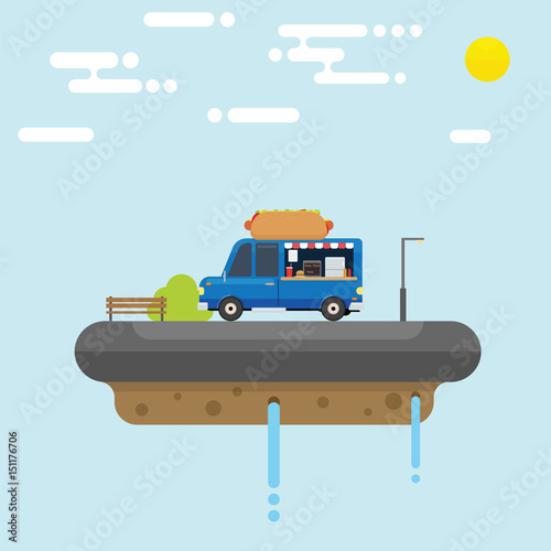 Floating island concept with asphalt and food truck over it photo