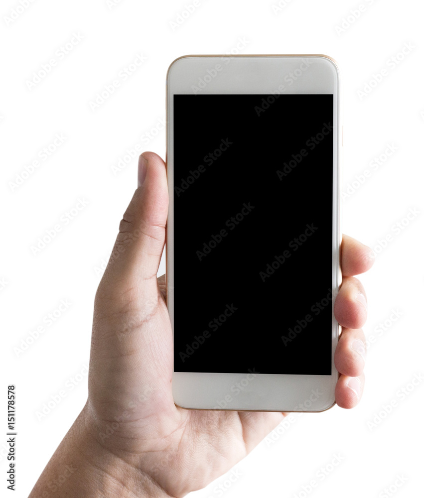 Isolated hand holding a phone with Smart phone white screen Isolated hand holding a phone with Smart phone white screen