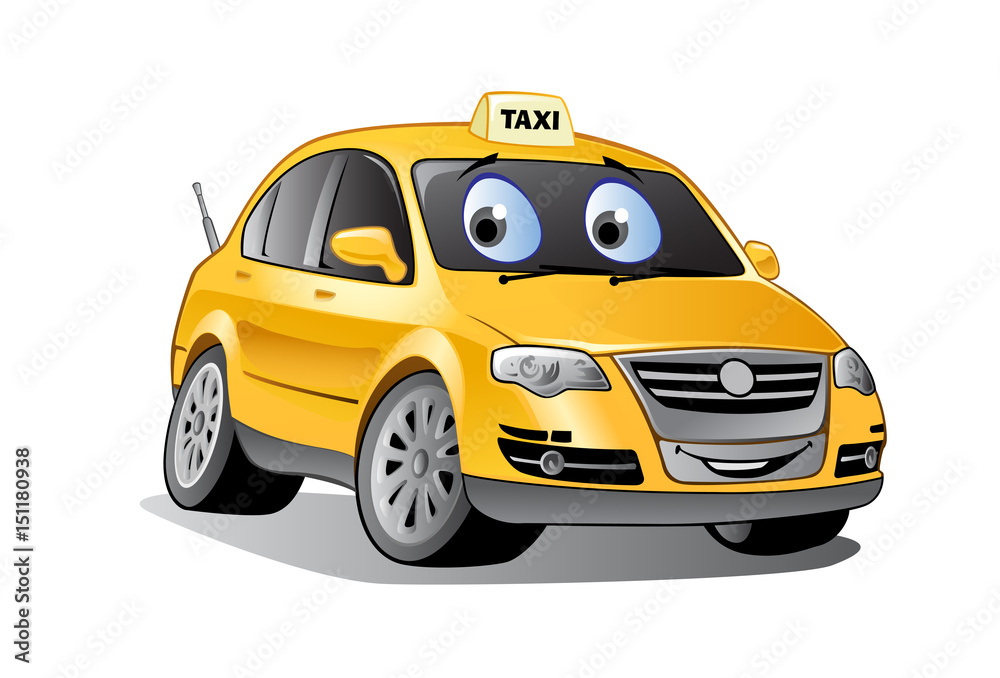 Smile Taxi cartoon character isolated on white background with shadow.