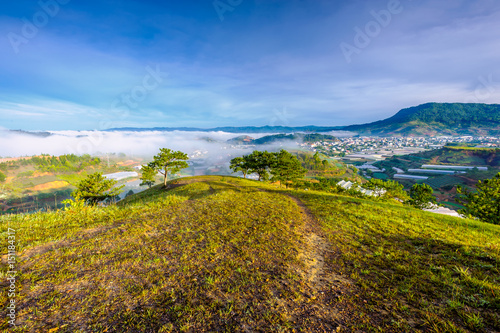 View of Da Lat city from Thien Phuc Duc hill early morning, Lam Dong province, Vietnam.