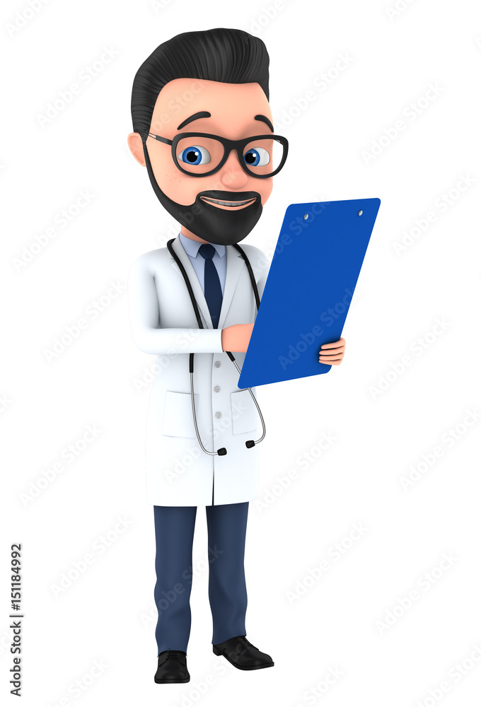 3D rendering illustration. The doctor makes notes on a white background. 3D rendering illustration. The doctor makes notes on a white background.