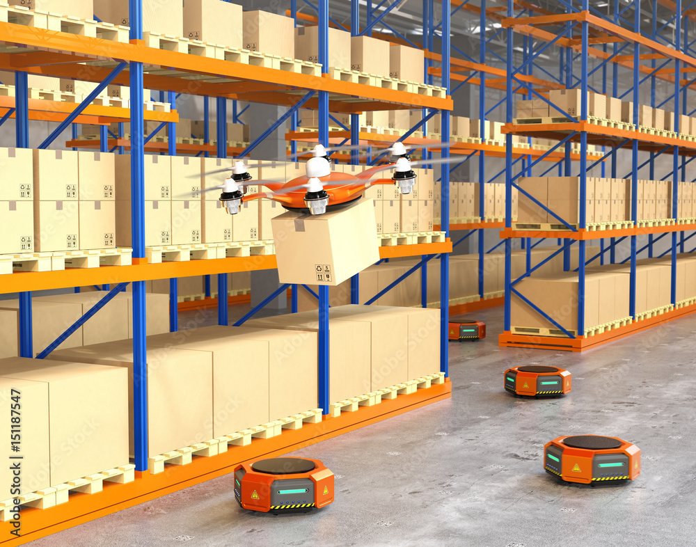 Drone and orange robots in modern warehouse. Advanced warehouse robotics  technology concept. 3D rendering image. Illustration Stock | Adobe Stock