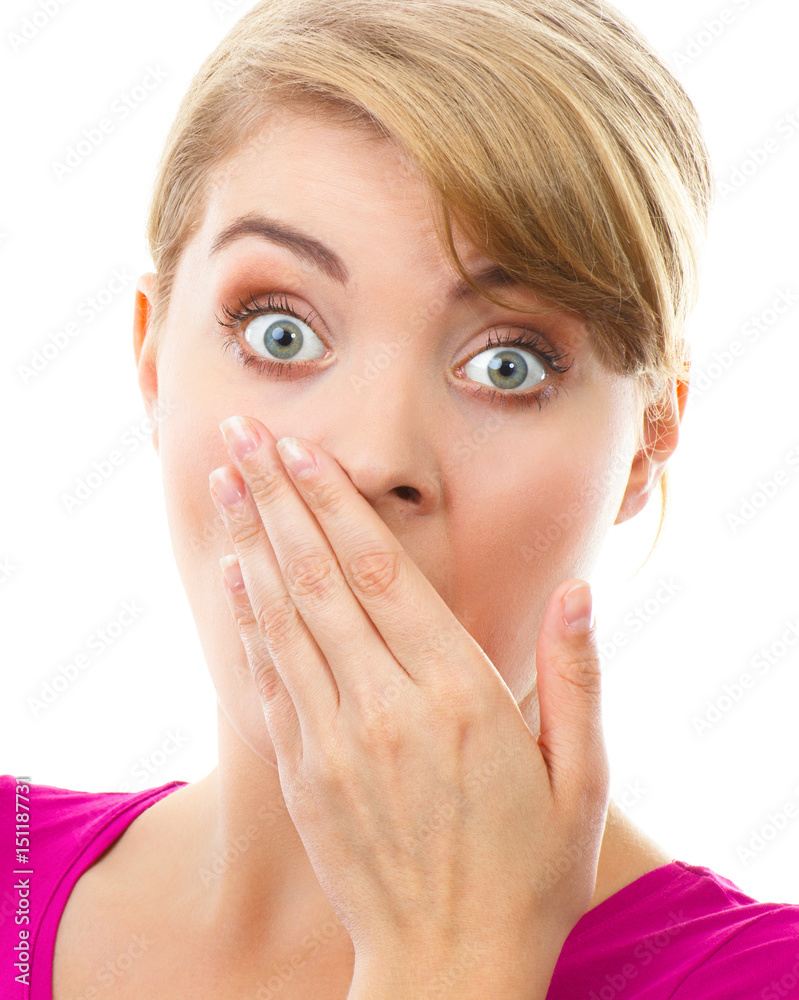 Shocking News Surprised Calm Woman Covers Her Mouth Close Isolated