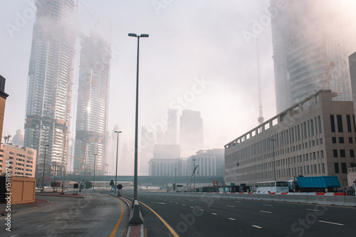 Streets of Dubai in a morning fog