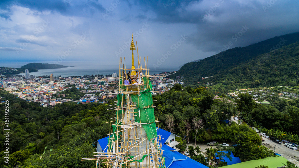 new pagoda of Thepnimit temple on hilltop at Patong beach Phuket