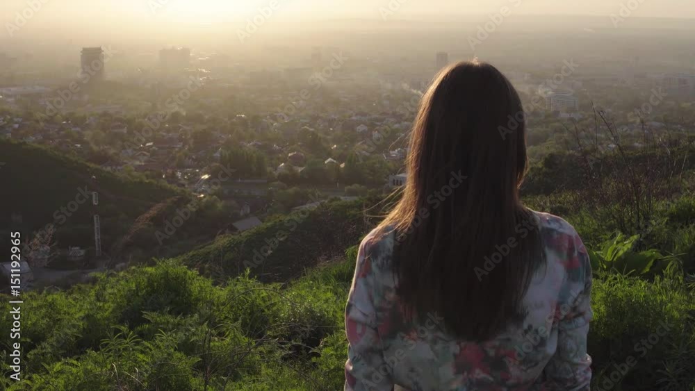 Pretty Young Female Tourist Happy Vacation Sunset. City as in the palm of your hand Almaty. Pretty Young Female Tourist Happy Vacation Sunset. City as in the palm of your hand Almaty.