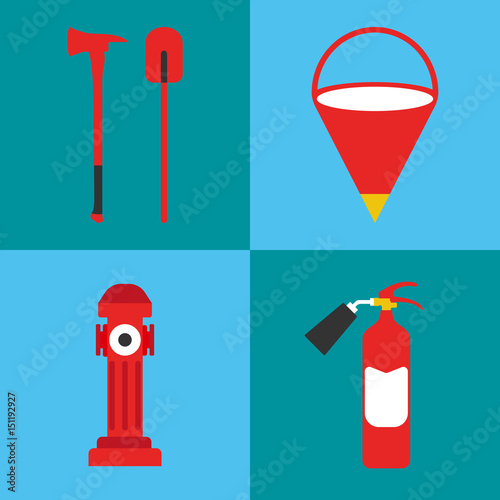 Firefighter icon set. Fire departament equipment icons. Vector Illustration.