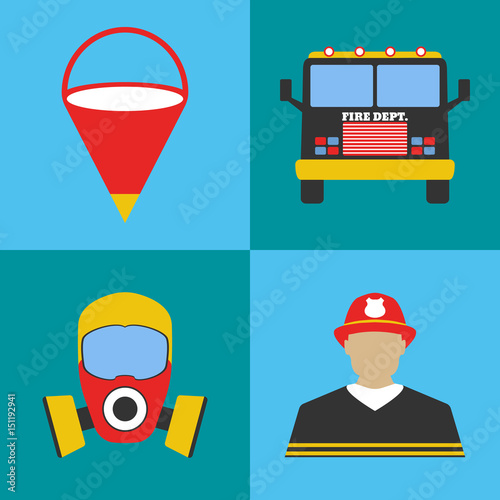 Firefighter icon set. Fire departament equipment icons. Vector Illustration.