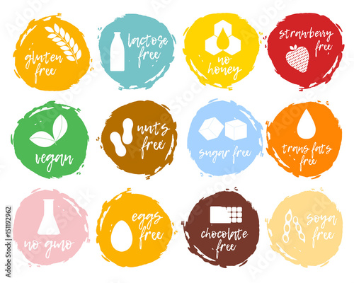 Set of food labels - allergens, GMO free products. Food intolerance symbols collection.