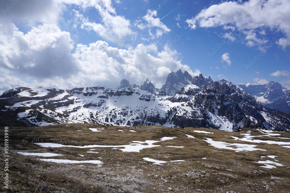 Trekking route cover with snow at Tre Cime di Lavaredo in Dolomite