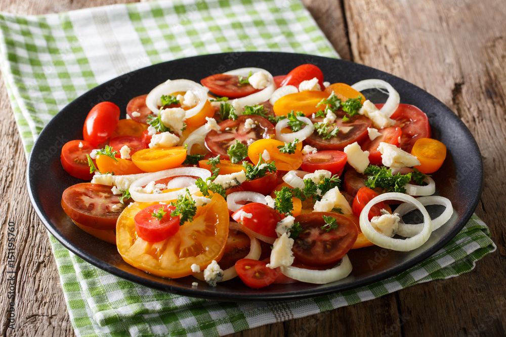 Vitamin salad from multi-colored tomatoes, onions and blue cheese close-up. horizontal