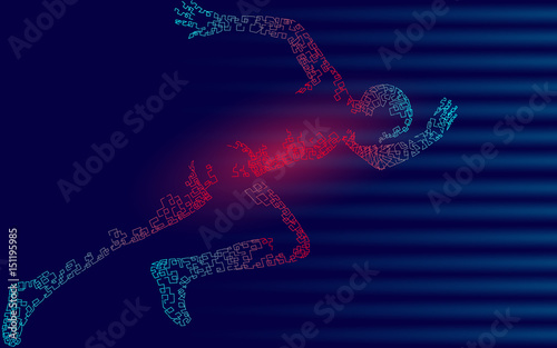 Fast impetuous running sportsman. Man run high speed sport achievement. Silhouette sprinter background. Design runner dark blue vector illustration