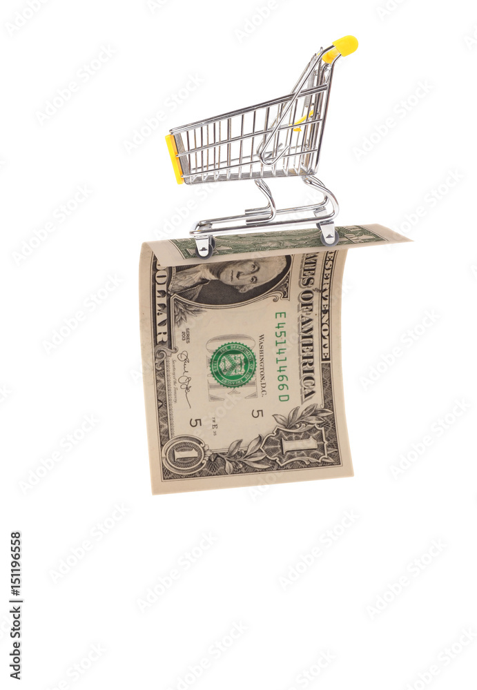 Shopping cart and dollar on the white background