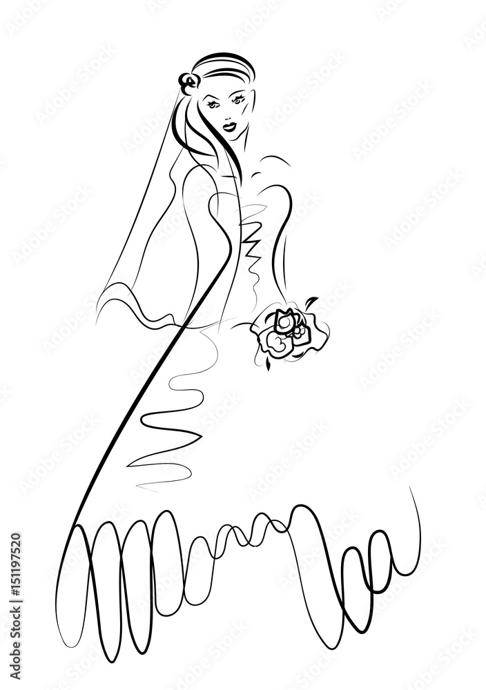 Beautiful bride in a wedding dress on white background, hand drawn sketch illustration Beautiful bride in a wedding dress on white background, hand drawn sketch illustration