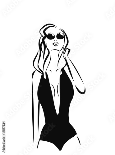 Beautiful girl in sexy swimsuit and glasses looking up at the sky. Hand drawn sketch illustration on white background
