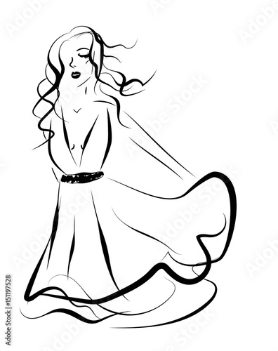 Beautiful woman in a dress on white background, hand drawn sketch illustration