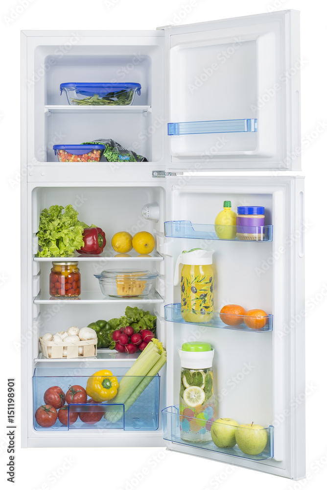 Open fridge full of fresh fruits and vegetables