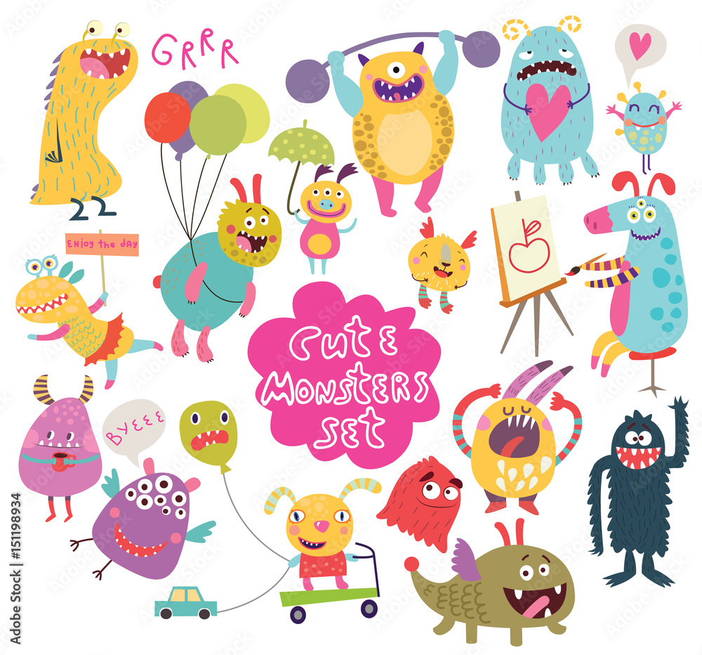 Cute monsters. Lovely monster set for children designs. Sweet smiling creatures in warm colors in vector