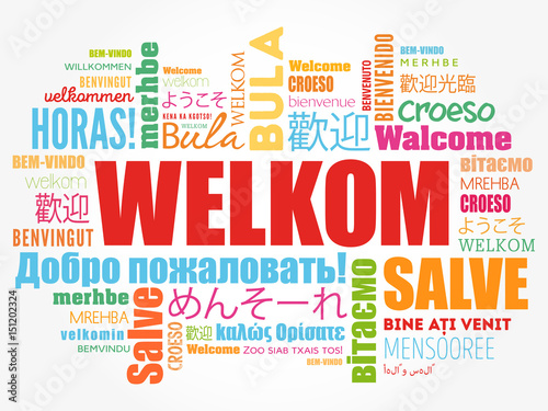 Welkom (Welcome in Afrikaans) word cloud in different languages, conceptual background