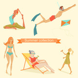 Isolated illustrations of people relaxing on the beach. Summer day enjoyment