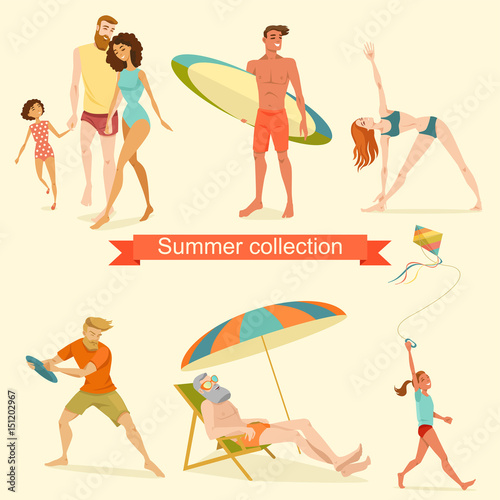 Set of isolated illustrations of people relaxing on the beach. Funny characters in the cartoon style.