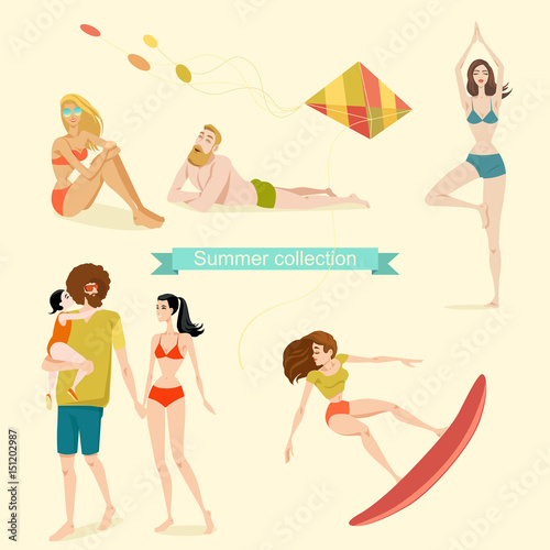 Isolated illustrations of people relaxing on the beach.Family holiday. Funny characters in the cartoon style.