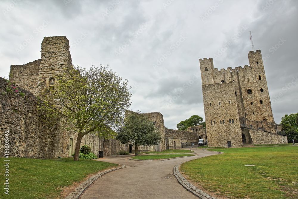 View of the Castle from the Esplanade on the Castle Hill with Spring colors and cloudy sky in Rochester, UK