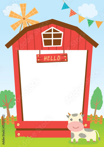 Barn frame template with cow on farm.