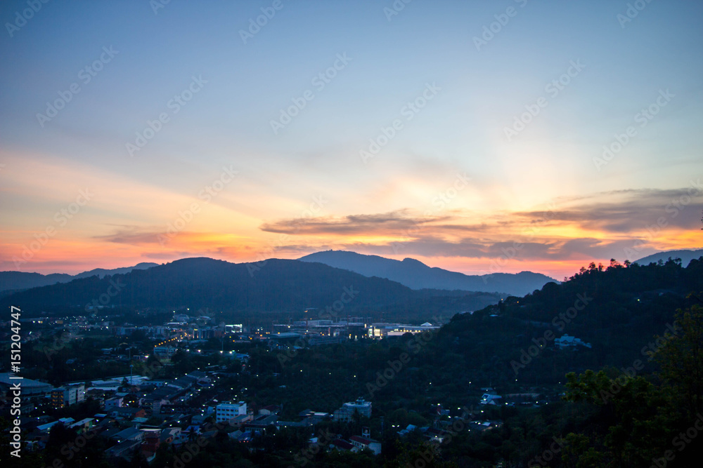 mountain with sunset sky