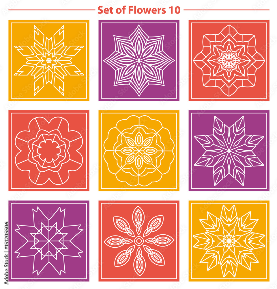 Set of geometric and floral linear monogram design on color background. Line art elements. Vector illustration