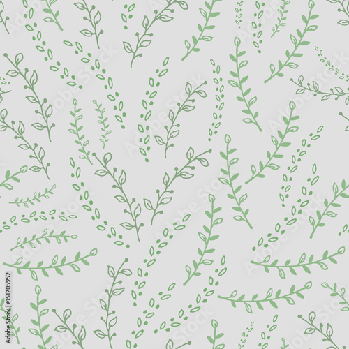 Seamless pattern with green twigs on white background. Vector illustration.
