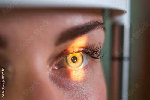 Research and scanning eye, close-up photos, retinal diagnostics in ophthalmology