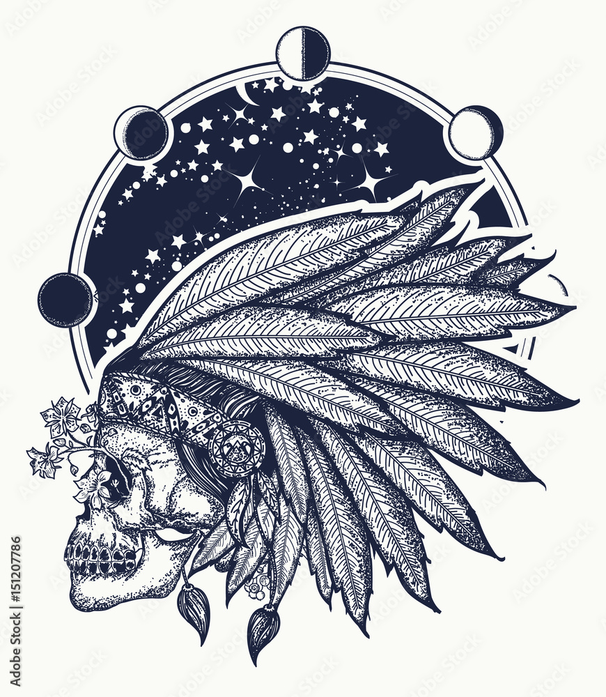 Native American indian feather headdress with human skull t-shirt design.  Indian skull tattoo art. Warrior symbol Stock Vector | Adobe Stock